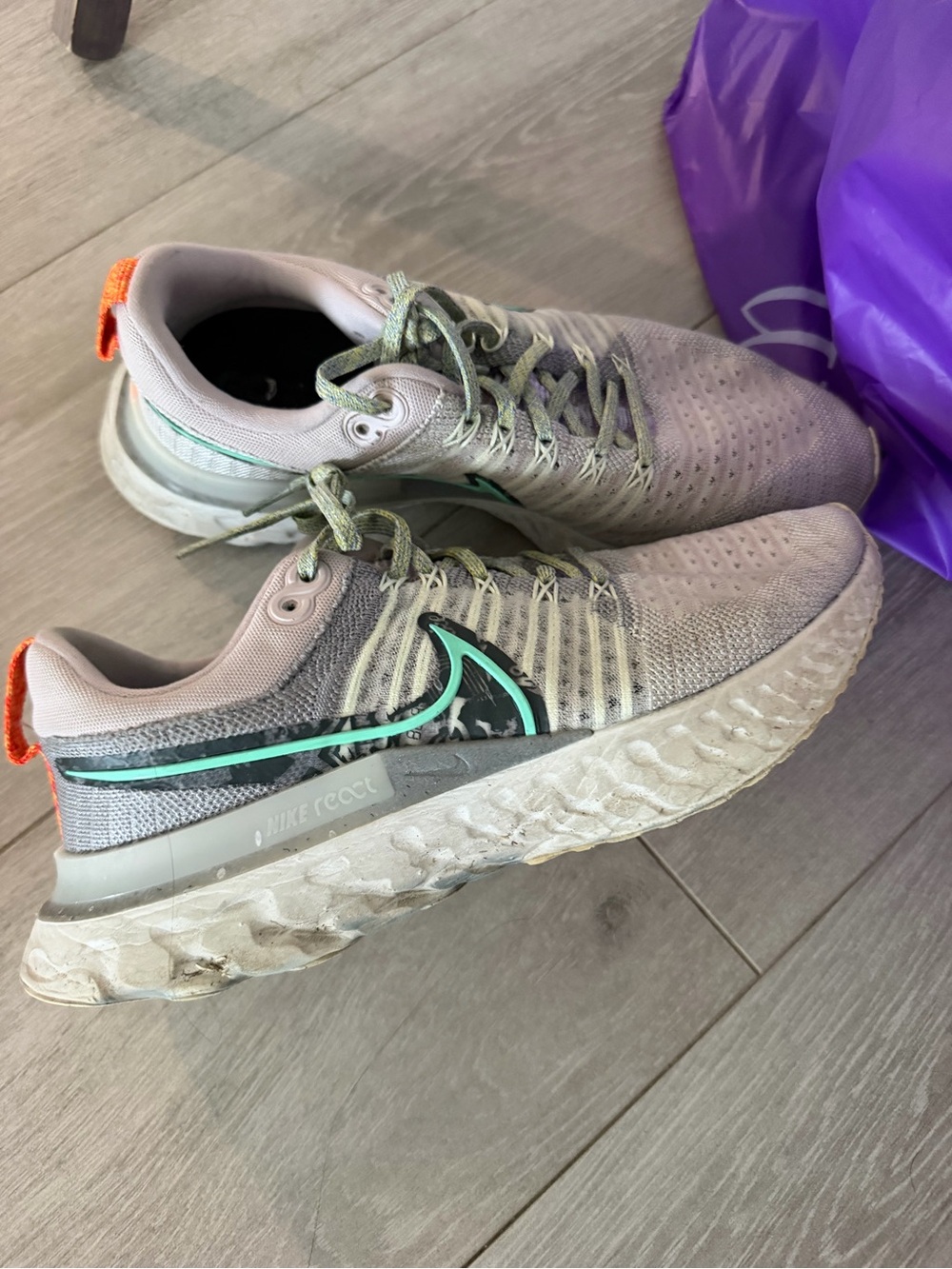 Nike Kids Sneakers - Light Gray with Mint and Orange Accents